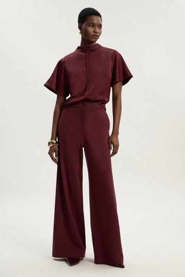 Ponte And Pu Mix Tab Detail Tailored Wide Leg Trouser burgundy
