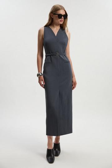 Grey Tailored Twill Essential Sleeveless Belted Pencil Maxi Dress