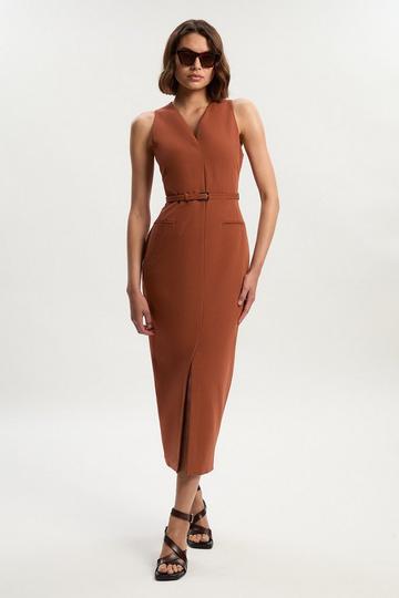 Tailored Twill Essential Sleeveless Belted Pencil Maxi Dress rust