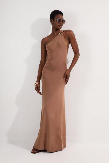 Slinky Backless Knitted Dress With Hardware Detail caramel