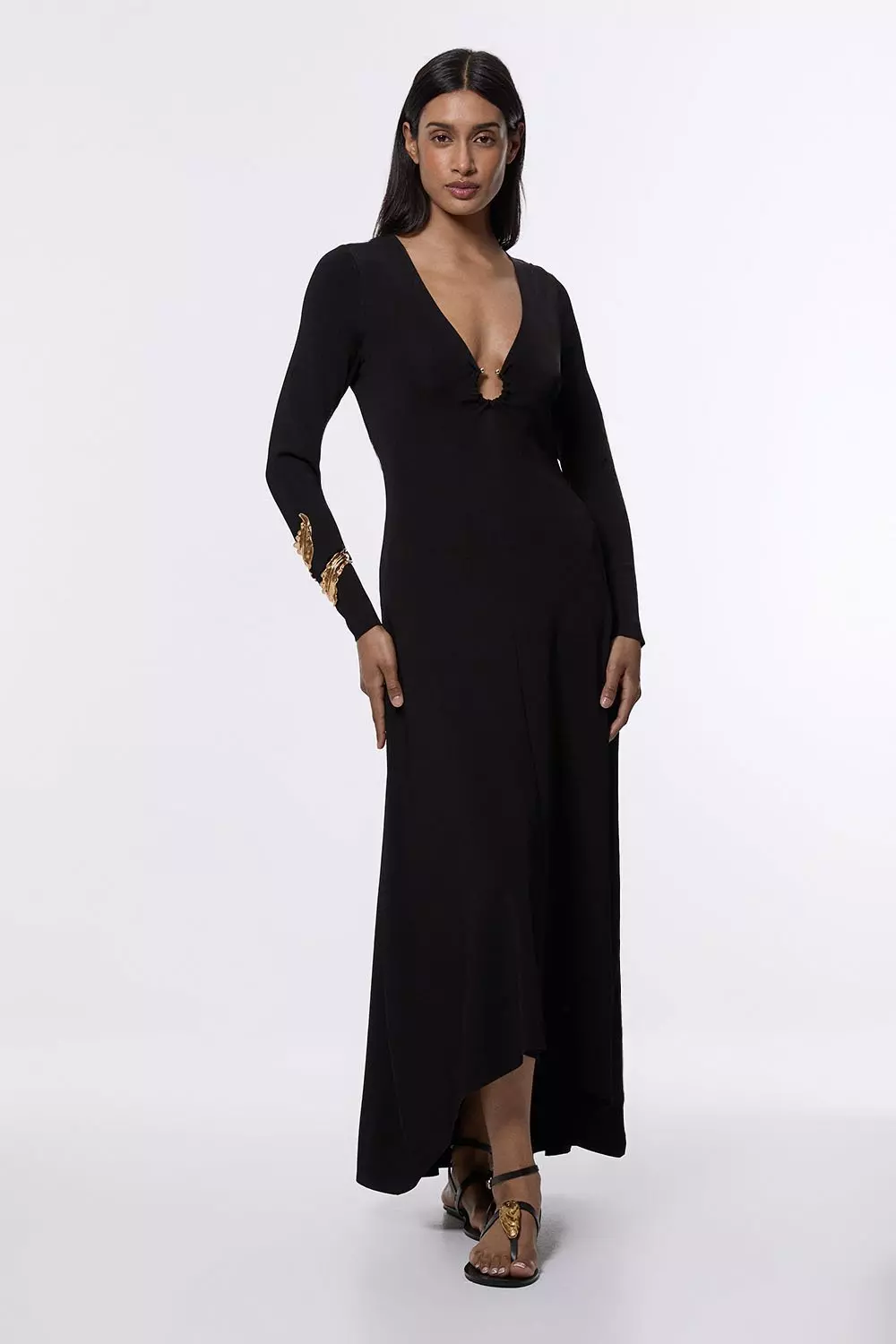 【KAREN MILLEN】キーリングディテール付 Vネックニットドレス Slinky V Neck Knitted Dress With Hardware Keyring Detail