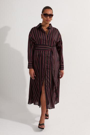 Plus Size Premium Cotton Tailored Belted Shirt Maxi Dress stripe