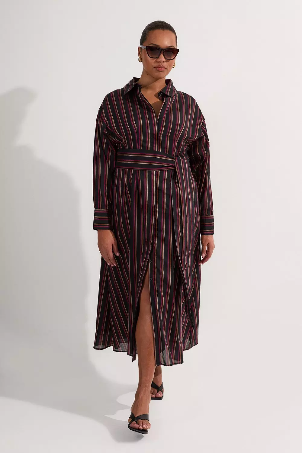 Stripe Plus Size Premium Cotton Tailored Belted Shirt Maxi Dress alternative image