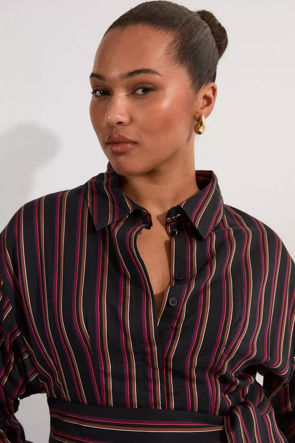 Stripe Plus Size Premium Cotton Tailored Belted Shirt Maxi Dress alternative image