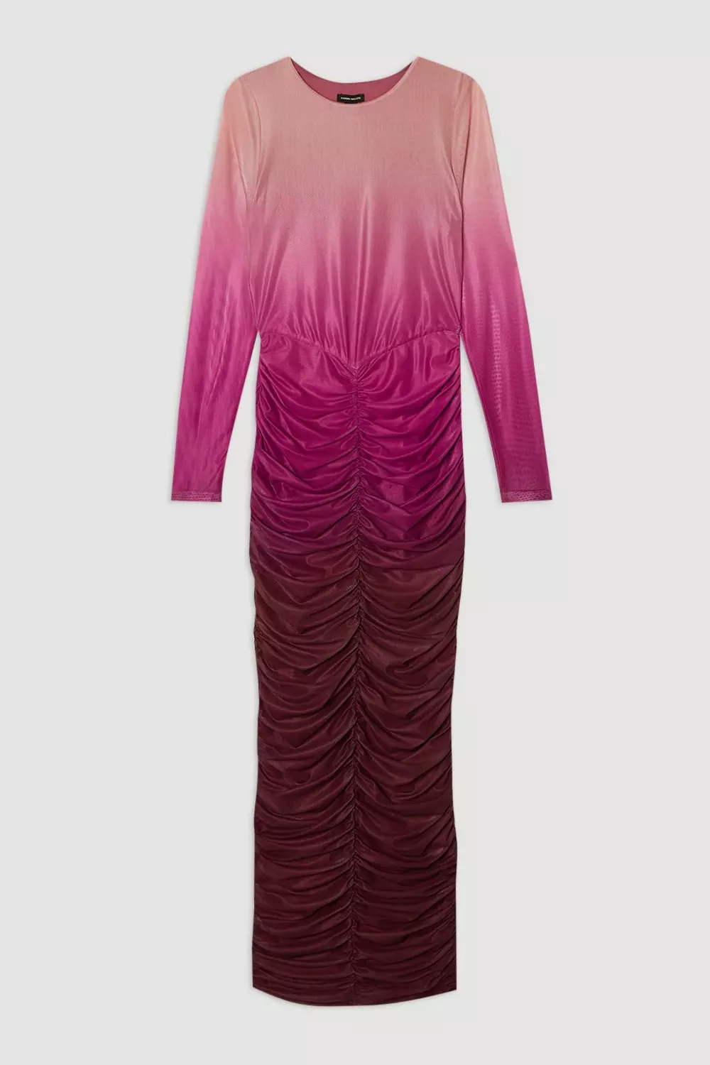 Petite Ombre Printed Mesh Ruched Long Sleeve Maxi Dress