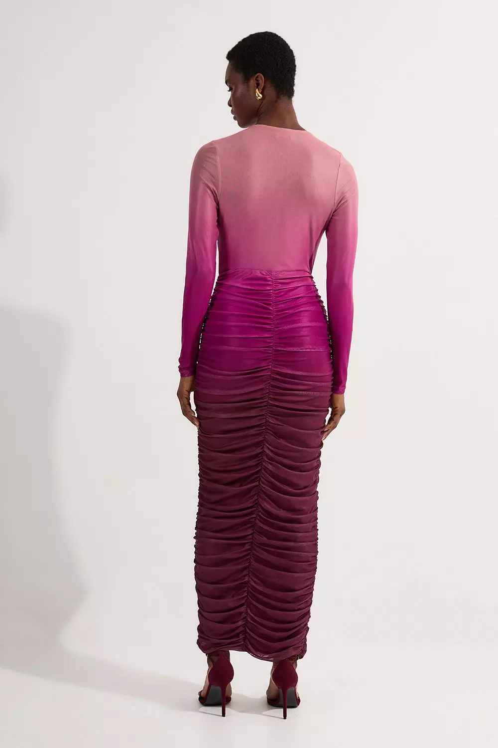 Petite Ombre Printed Mesh Ruched Long Sleeve Maxi Dress