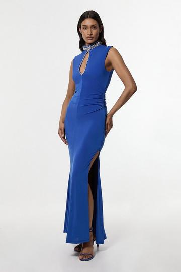 Embellished Jersey Crepe Maxi Dress cobalt