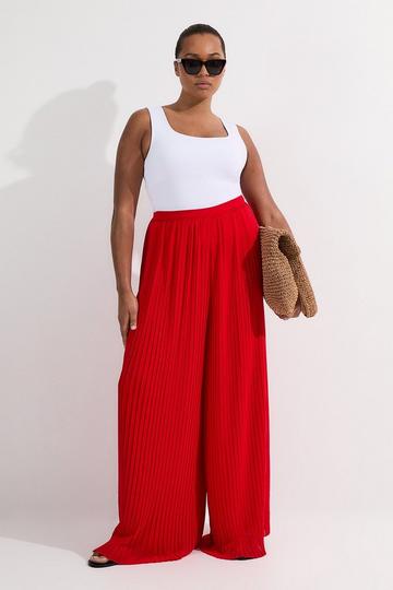 Plus Size Pleated Woven Wide Leg Trousers tomato red