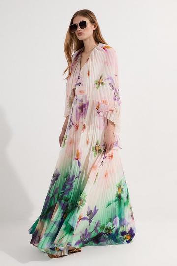 Pleated Floral Cape Sleeve Plunge Neck Woven Maxi Dress ivory
