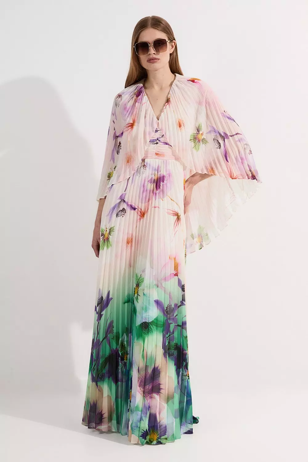 Pleated Floral Cape Sleeve Plunge Neck Woven Maxi Dress