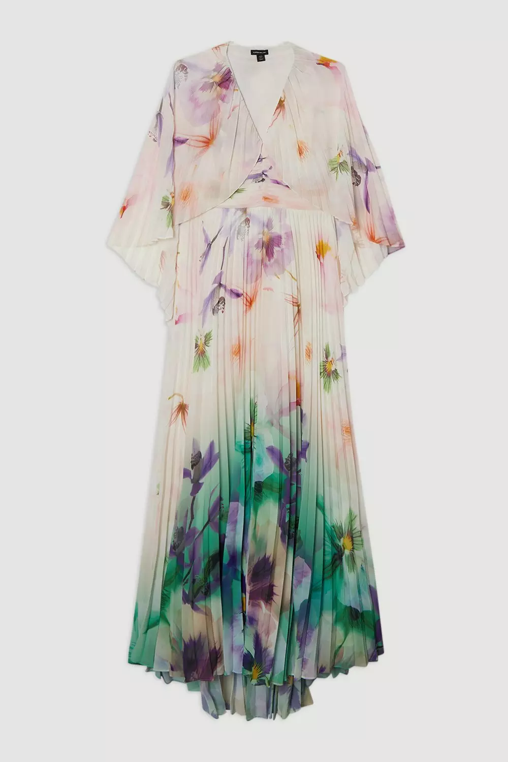 Pleated Floral Cape Sleeve Plunge Neck Woven Maxi Dress