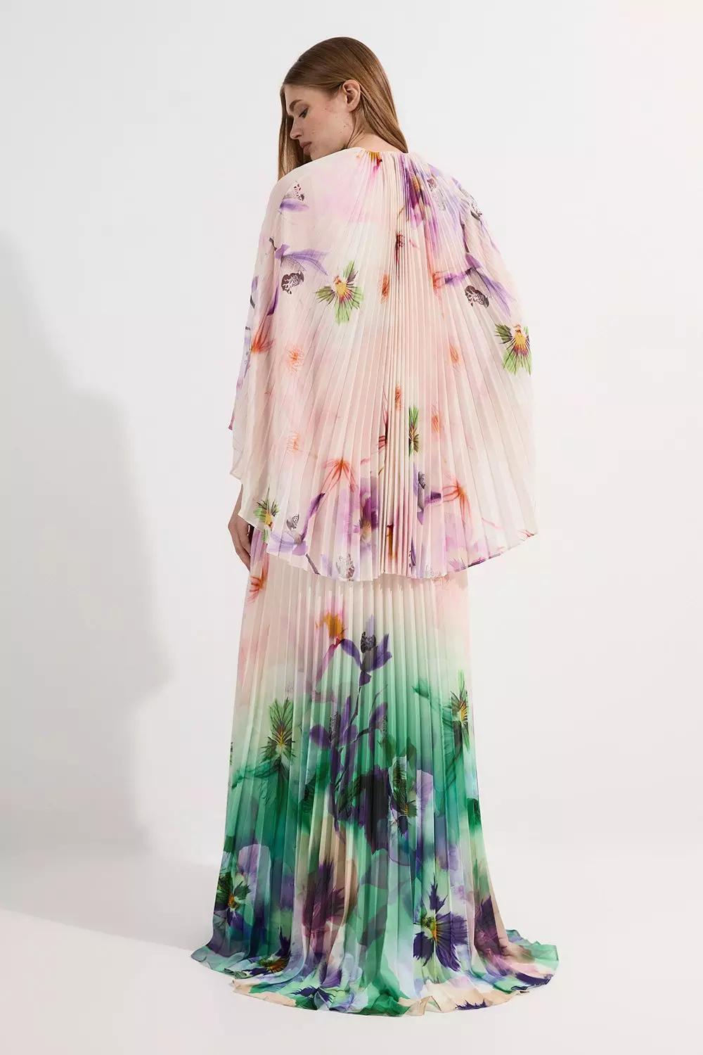 Pleated Floral Cape Sleeve Plunge Neck Woven Maxi Dress