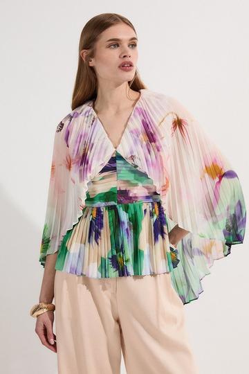 Pleated Floral Cape Sleeve Plunge Neck Woven Top ivory