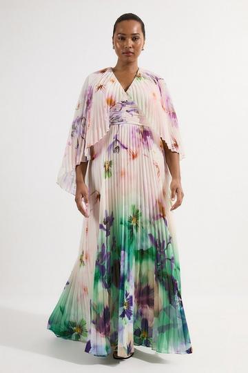 Plus Size Pleated Floral Cape Sleeve Plunge Neck Woven Maxi Dress ivory