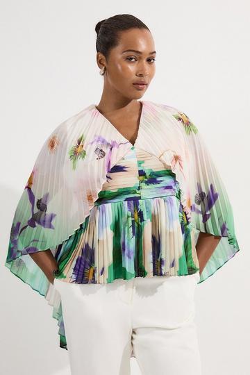 Plus Size Pleated Floral Cape Sleeve Plunge Neck Woven Top ivory