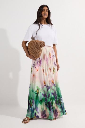 Pleated Floral Woven Wide Leg Trousers ivory