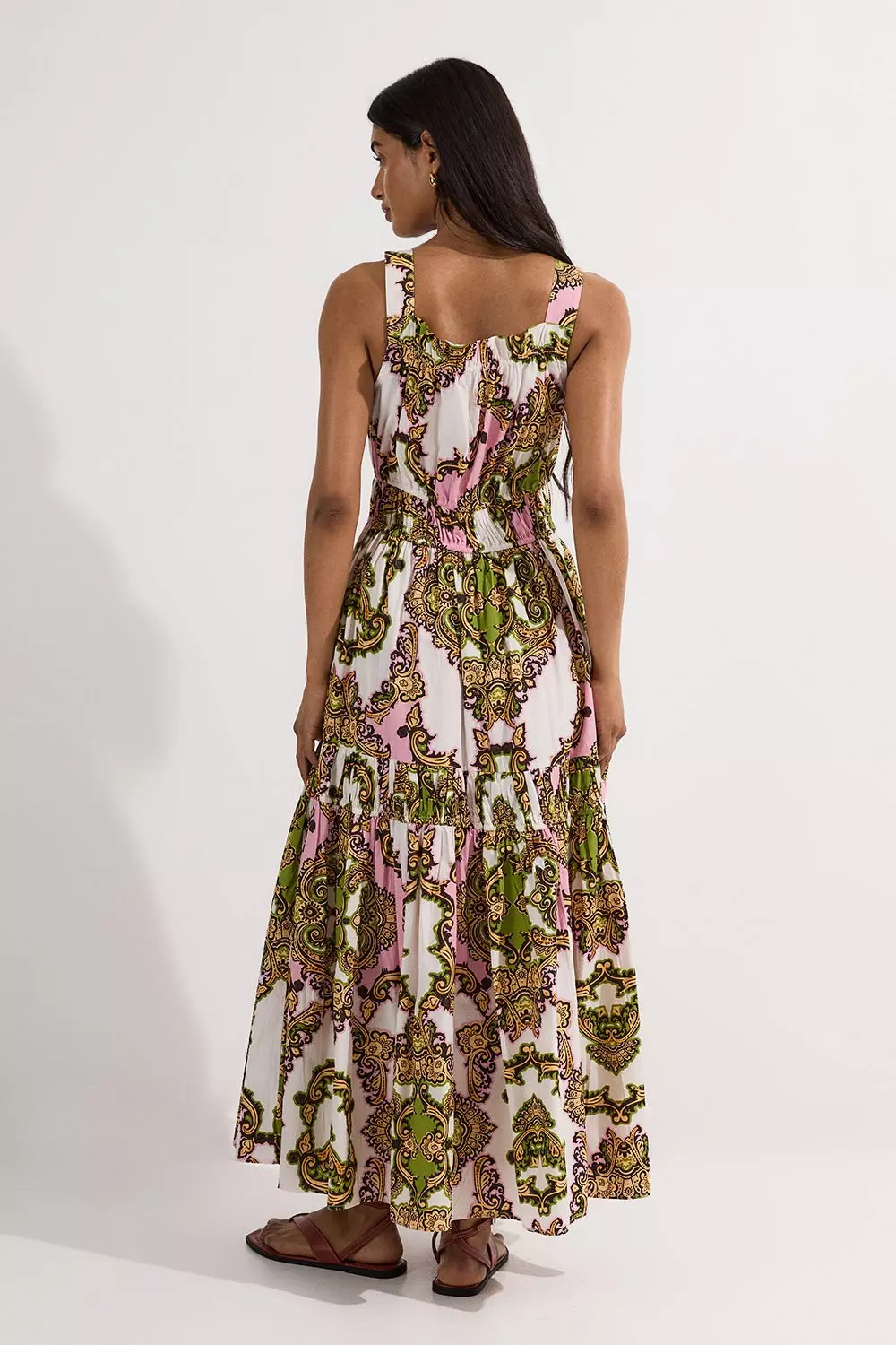 Shirred Cotton Tiered Print Woven Strappy Maxi Dress | Karen