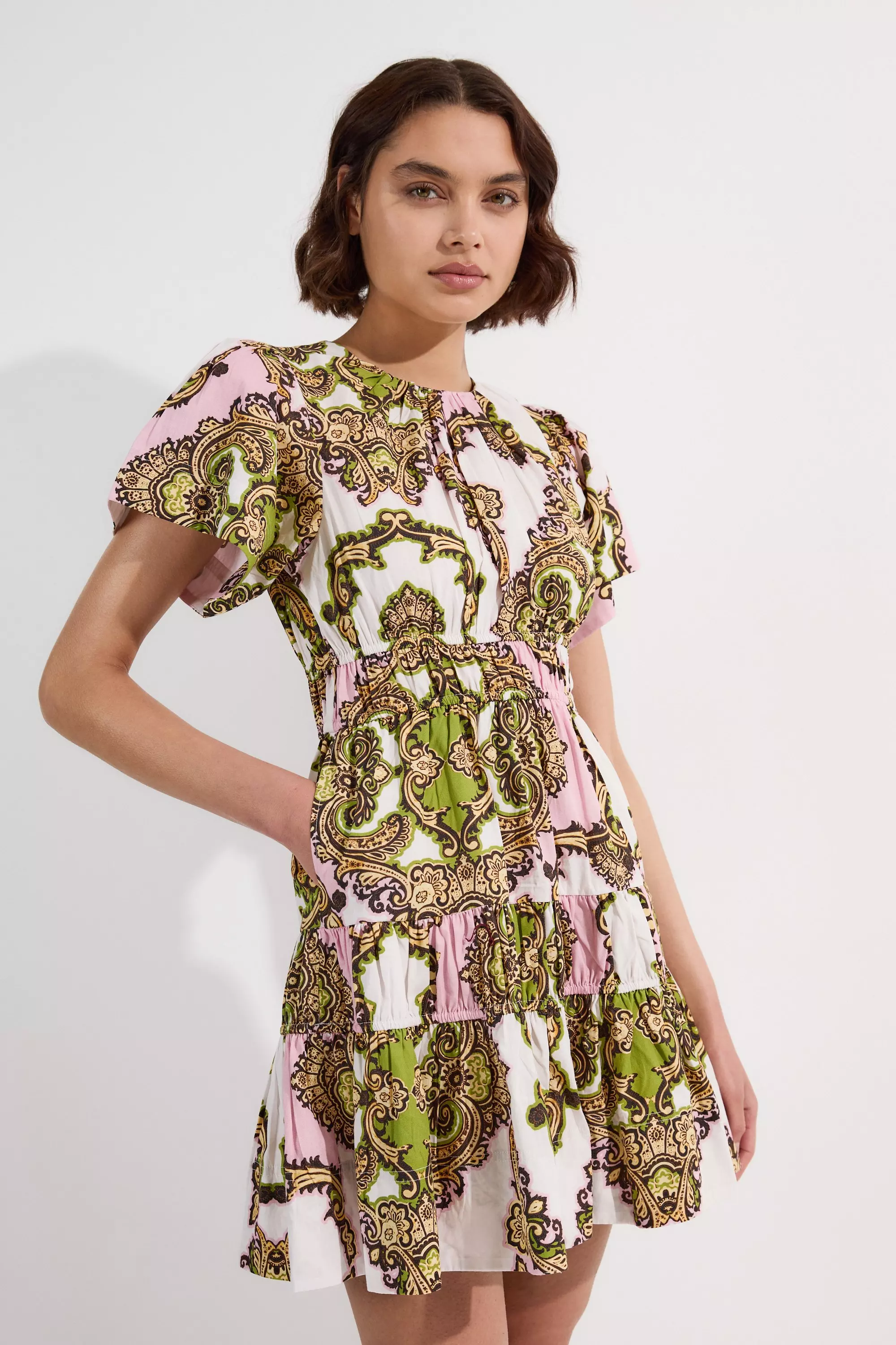 Multi Petite Shirred Cotton Tiered Tile Print Woven Mini Dress alternative image