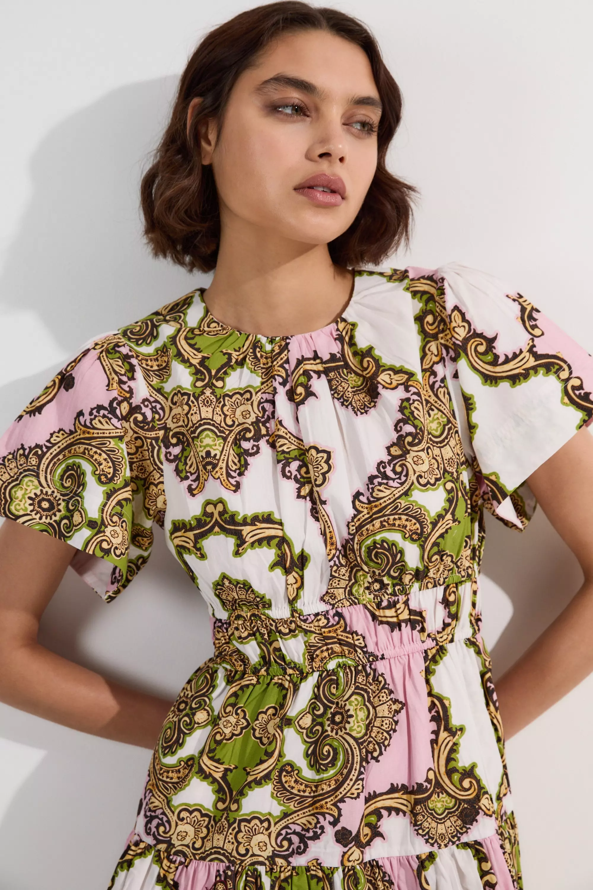 Multi Petite Shirred Cotton Tiered Tile Print Woven Mini Dress alternative image