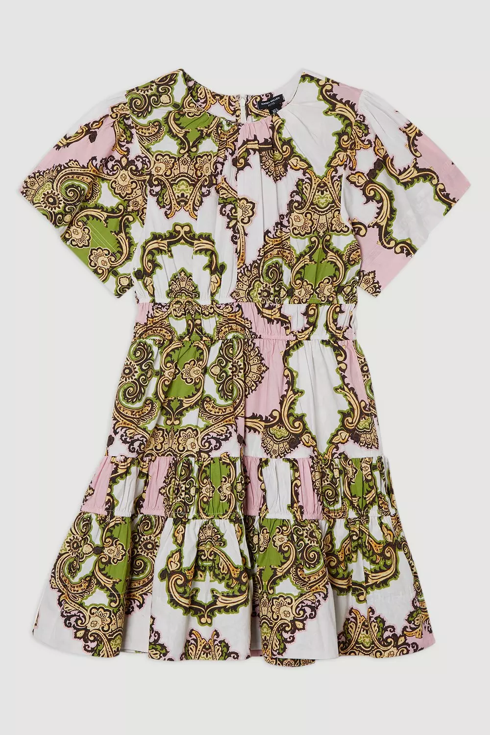 Multi Petite Shirred Cotton Tiered Tile Print Woven Mini Dress alternative image