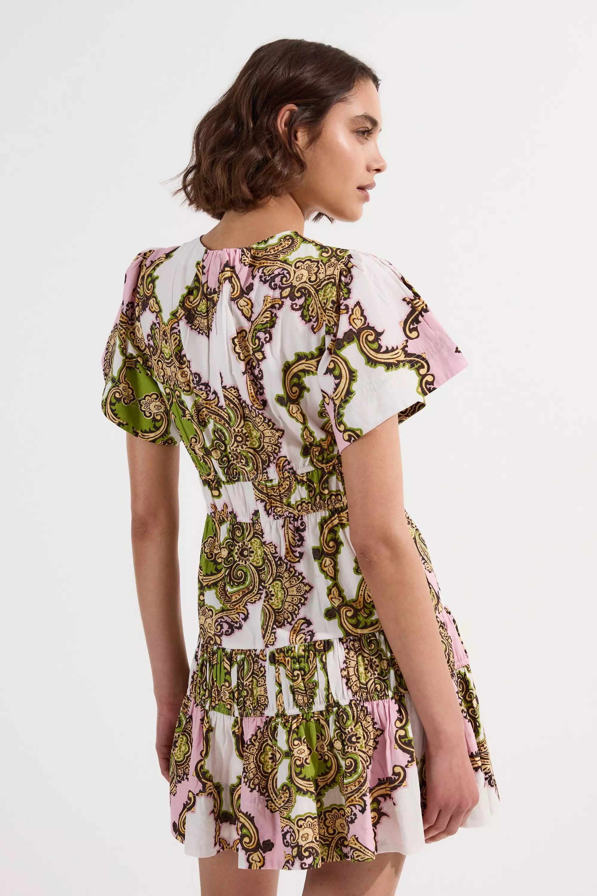 Multi Petite Shirred Cotton Tiered Tile Print Woven Mini Dress alternative image