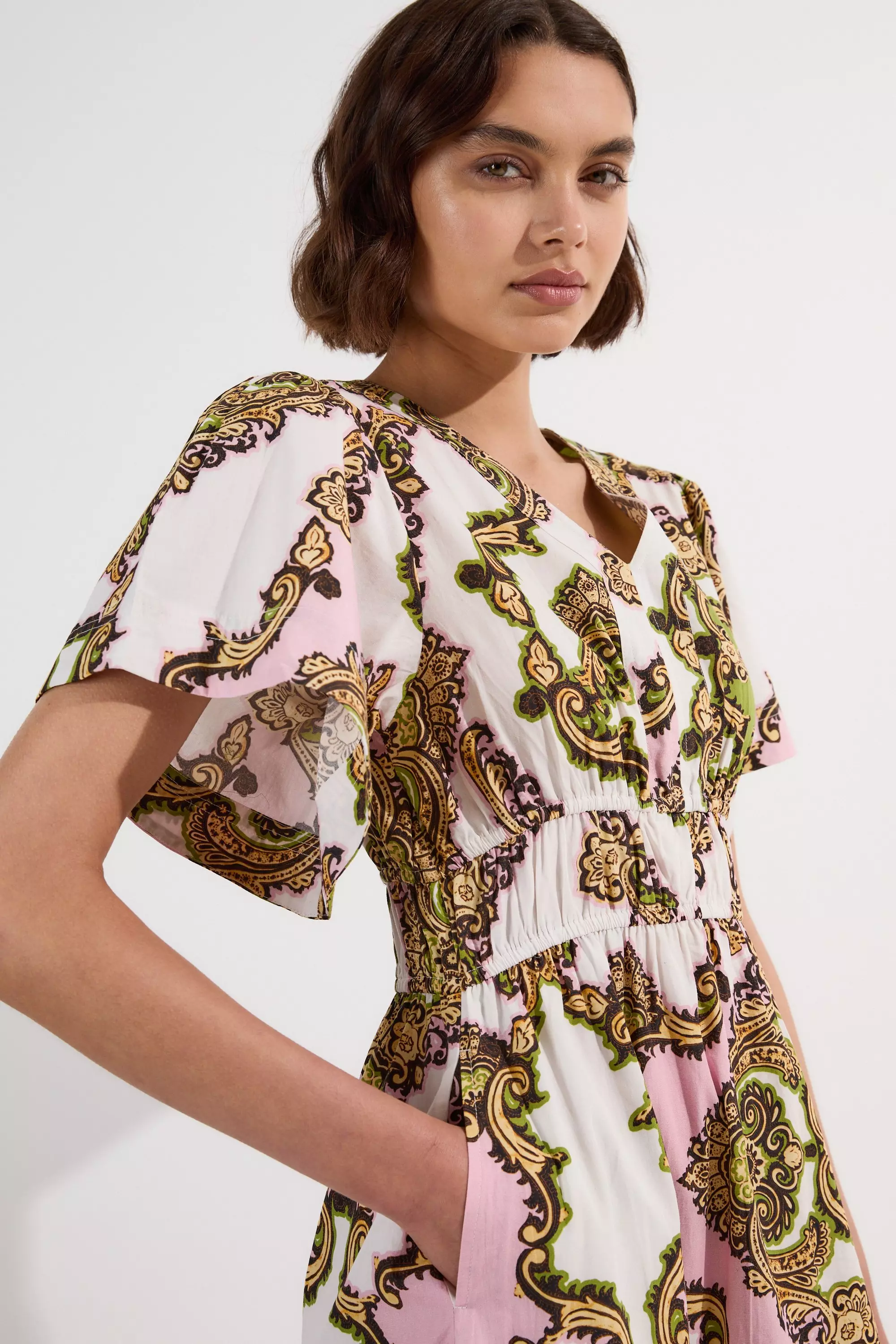 KAREN MILLEN■フリルポンチコットンミックス マキシドレス Abstract Floral Crystal Embellished Woven Maxi Dress | Karen