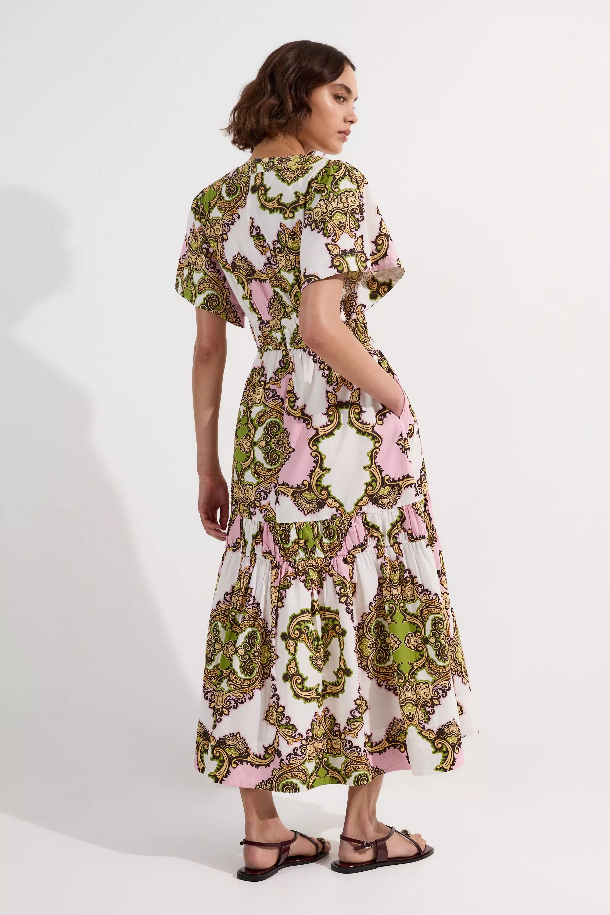 Shirred Cotton Tiered Tile Print Woven Maxi Dress | Karen Millen