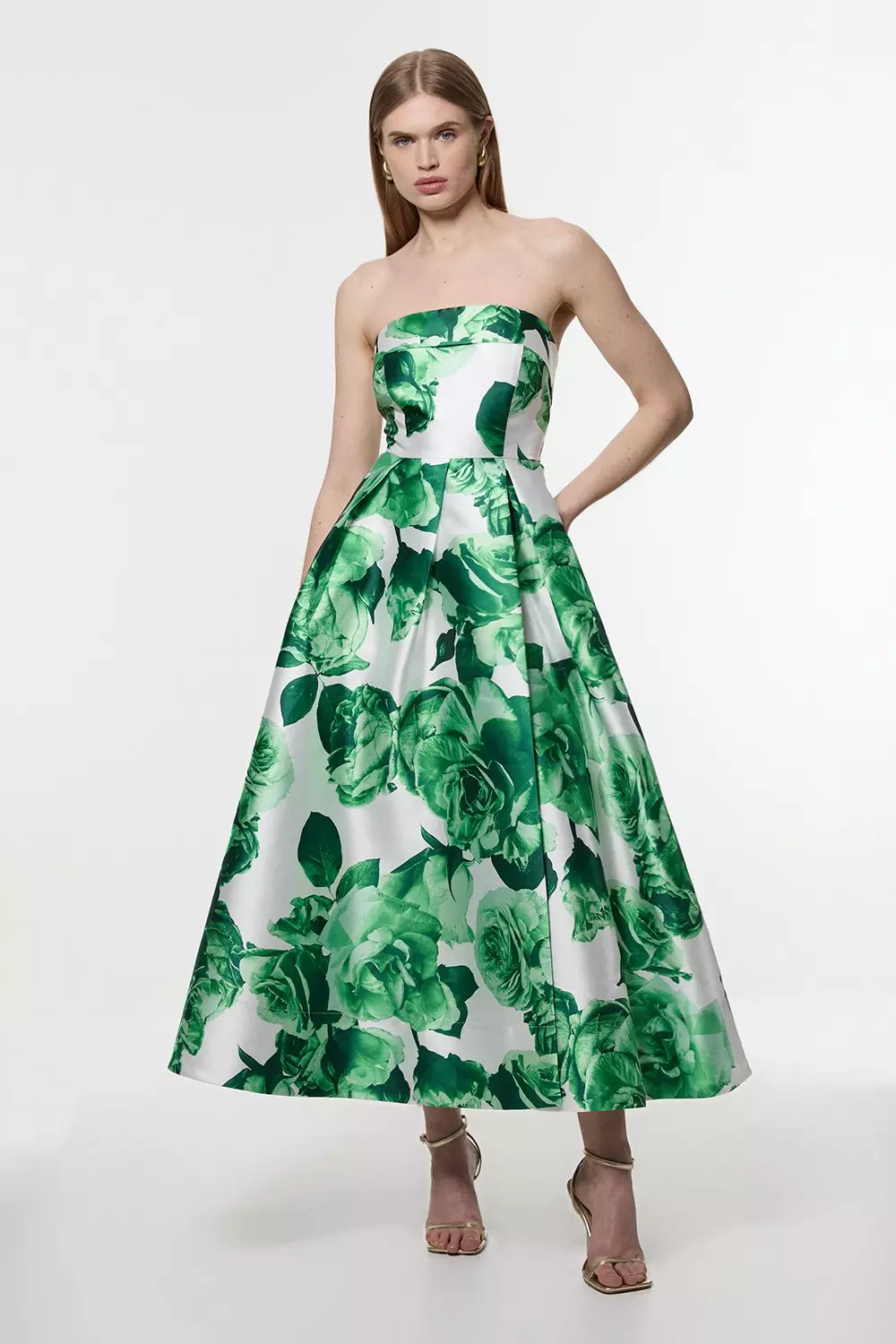 【Karen Millen】グリーンローズ ツイル 花柄 プロムドレス Green Rose Twill Maxi Split Prom Dress | Karen Millen