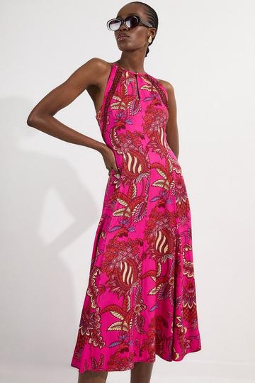 Petite Viscose Floral Print Linen Lace Trim Insert Woven Halter Neck Maxi Dress fuchsia