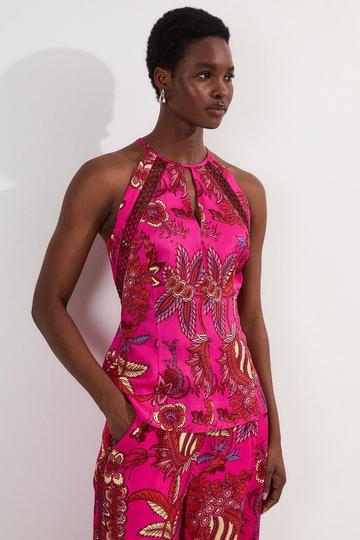 Viscose Floral Print Linen Lace Trim Insert Woven Halter Neck Top fuchsia
