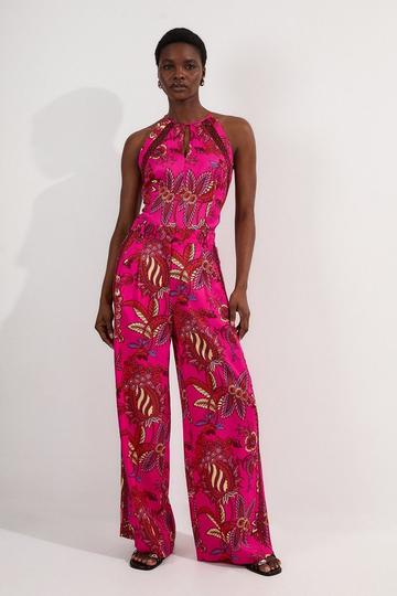Viscose Floral Print Linen Lace Trim Insert Woven Trouser fuchsia