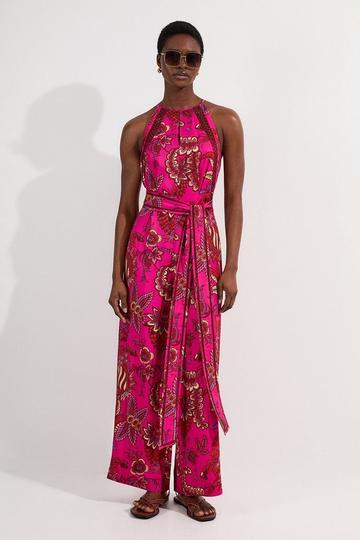 Viscose Floral Print Linen Lace Trim Insert Woven Halter Neck Jumpsuit fuchsia