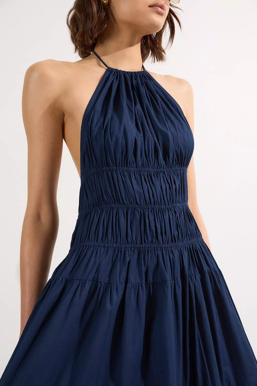 Shirred Cotton Tiered Halter Neck Woven Maxi Dress | Karen