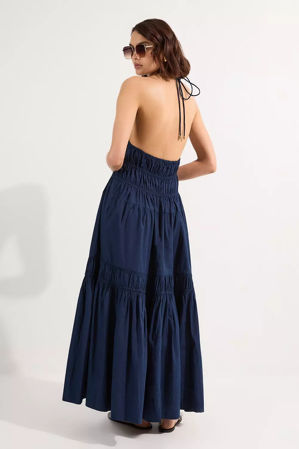 Shirred Cotton Tiered Halter Neck Woven Maxi Dress | Karen