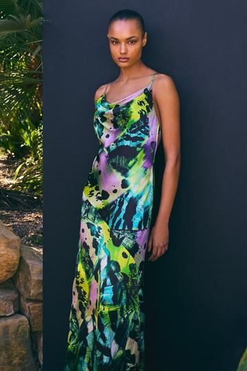 Butterfly Viscose Satin Cowl Detail Belted Maxi Dress multi
