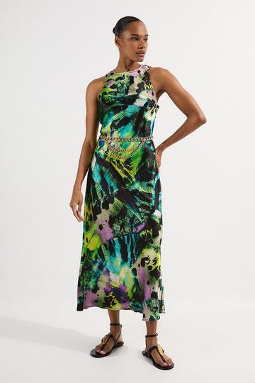 Butterfly Viscose Satin Maxi Dress multi