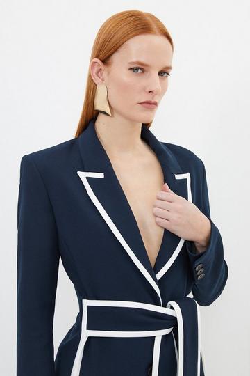 Petite Compact Stretch Tailored Belted Tipped Detail Blazer midnight