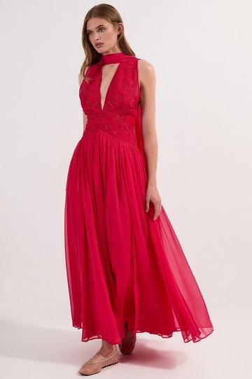 Embroidered Applique Crinkle Deep V Woven Midi Prom Dress fuchsia