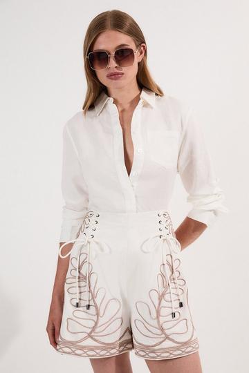 Cotton Linen Cornelli Embroidered Woven High Waisted Short ivory