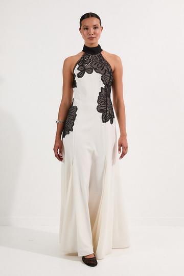 Embroidered Applique Crepe Halter Woven Maxi Dress ivory