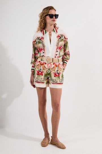 Mirrored Viscose Linen Floral Print With Raffia Belt Woven City Short multi