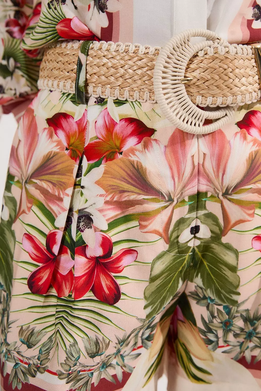 Mirrored Viscose Linen Floral Print With Raffia Belt Woven
