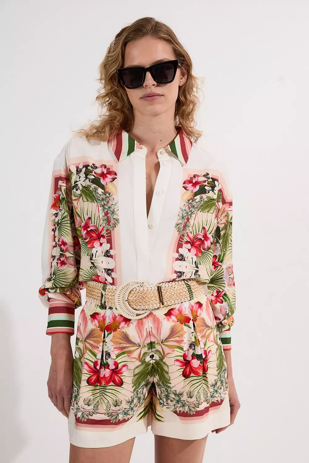 KAREN MILLEN◆フローラル プリント モロッコ織 マキシ 送料込 Mirrored Viscose Linen Floral Print With Raffia Belt Woven