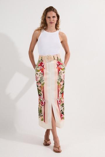 Petite Mirrored Viscose Linen Floral Print With Raffia Belt Woven Midi Skirt multi