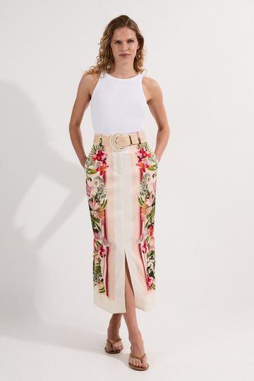 Mirrored Viscose Linen Floral Print With Raffia Belt Woven Midi Skirt multi