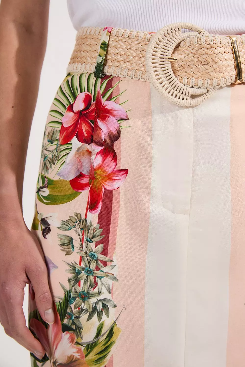 Mirrored Viscose Linen Floral Print With Raffia Belt Woven