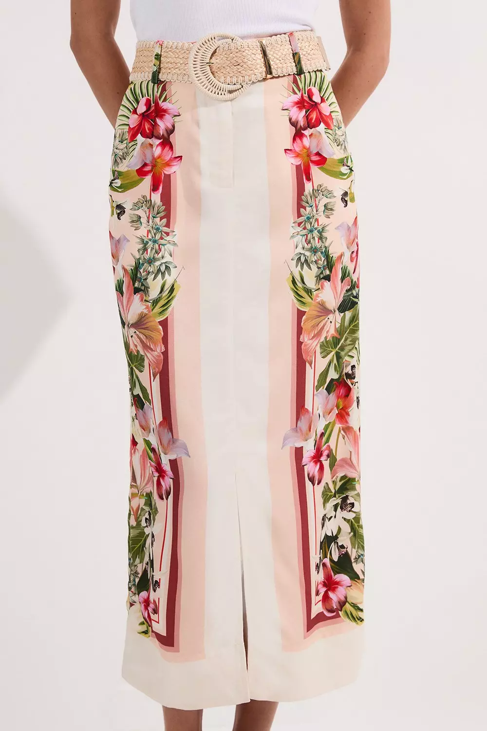 Mirrored Viscose Linen Floral Print With Raffia Belt Woven