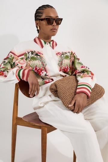 Plus Size Mirrored Viscose Linen Floral Print Woven Shirt multi