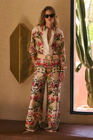 Mirrored Viscose Linen Floral Print With Raffia Belt Woven Pants multi
