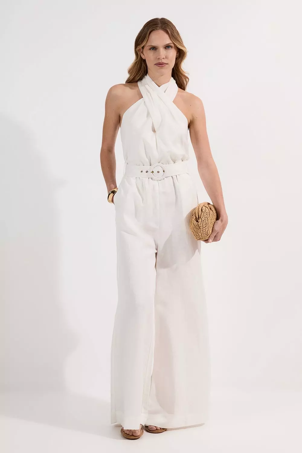 Petite Linen Viscose Cross Front Woven Belted Jumpsuit